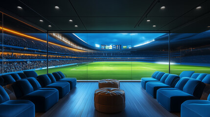 Blue seats in a vip area of a sports stadium
