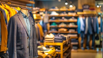 Naklejka premium A well-lit clothing store with mannequins displaying suits and shirts. Clothes are arranged on racks and shelves.
