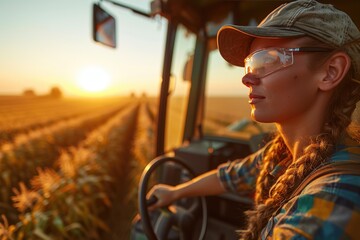 Farmer Operating Combine Harvester at Dawn