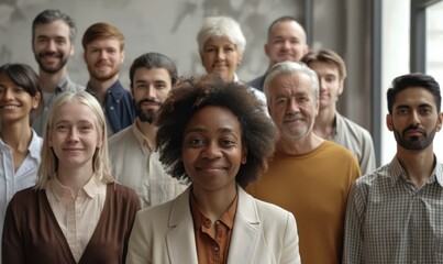 Obraz premium Diverse generation and race people smile look at camera stacked together, collage. Head shot portraits mature and young businesspeople, teen students and freelancers pose