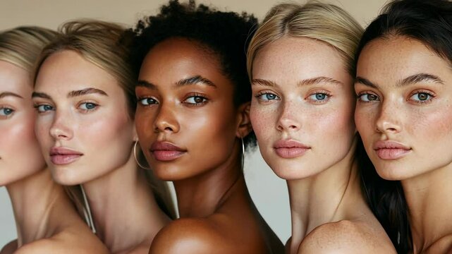 Diverse beauty showcase featuring models with various skin tones in a natural setting