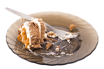 plate with a piece of cake on it. metal fork. a little bit off the piece close-up