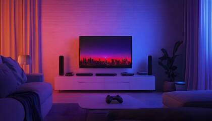 Cozy living room featuring modern decor, vibrant lighting, and a sleek TV setup, perfect for entertainment and relaxation.