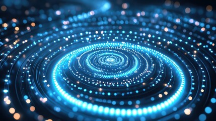 Abstract digital background featuring glowing blue light spirals with bright dots, conveying motion and energy in a futuristic style.