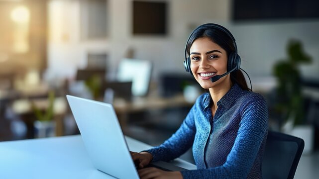 Indian female customer service representative wearing a headset using a laptop for a video call, assisting customers remotely, hybrid work setup, blending home and office work
