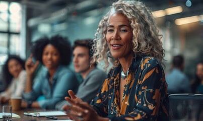 Fototapeta premium Older mature business team manager woman motivating employees for teamwork, speaking to group of younger colleagues at meeting table, offering ideas for brainstorming, cooperation