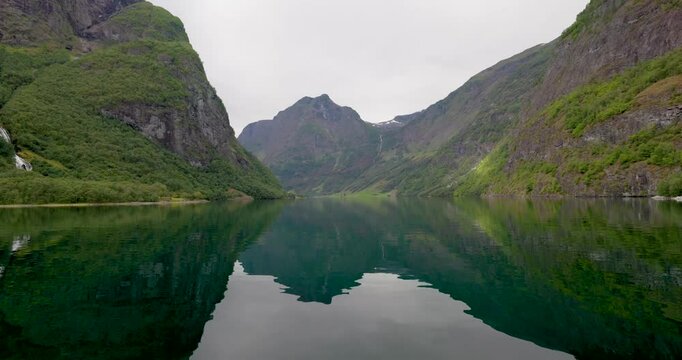 View of the mountains along the N&aelig;r&oslash;yfjord from the Flam boat cruise, Norway