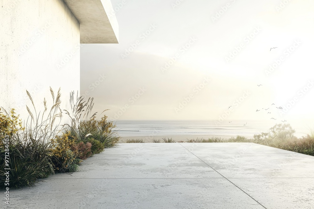 Aufkleber an empty concrete footpath with a building wall landscape against a sea background. a 3d rendering d