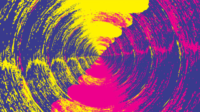 dynamic spiral pattern with grunge texture in vibrant neon yellow, pink, and blue hues. The energetic blend of colors and textures creates a bold and edgy visual