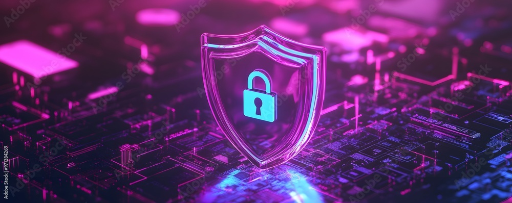 Poster futuristic digital shield with a lock symbol representing cybersecurity and data protection against 