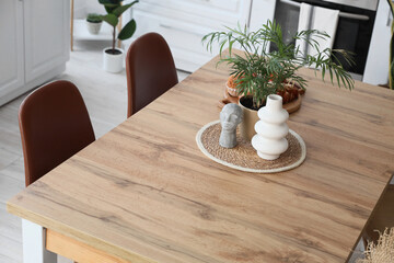 Houseplant, vase and statuette on wooden table in dining room