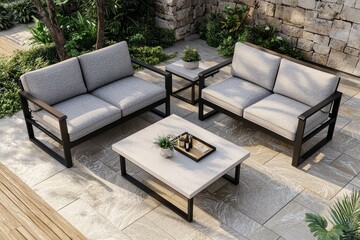 On the floor of the courtyard and garden, four white and gray sofas and a metal table are arranged in a comfortable arrangement, taken from above.