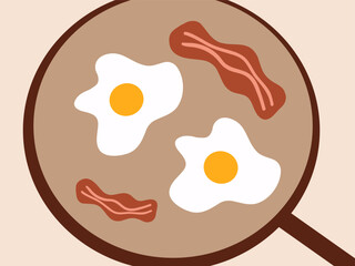Fried eggs and bacon in a frying pan. Tasty breakfast, lunch, dinner. Vector illustration