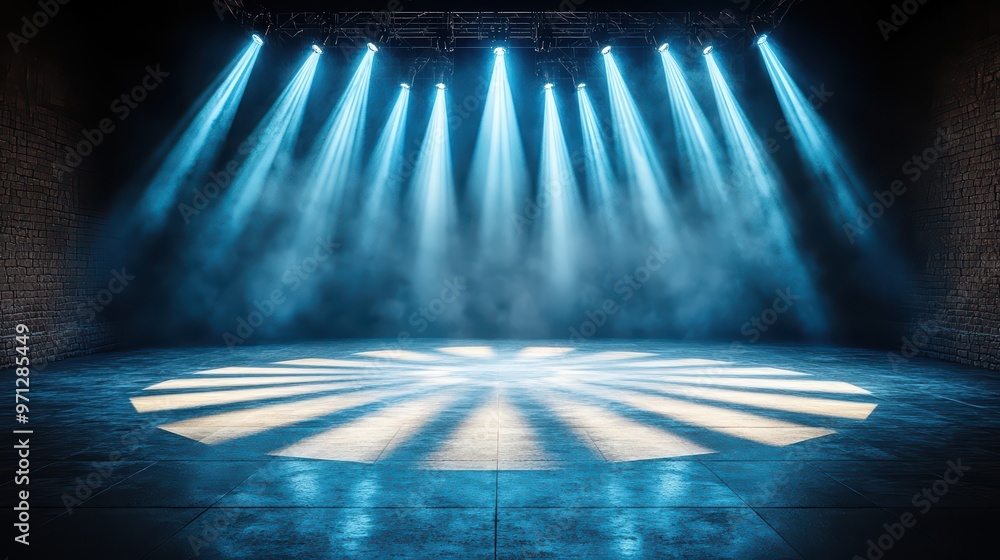 Aufkleber bright blue stage lights illuminate a foggy performance space, creating an inviting atmosphere for e