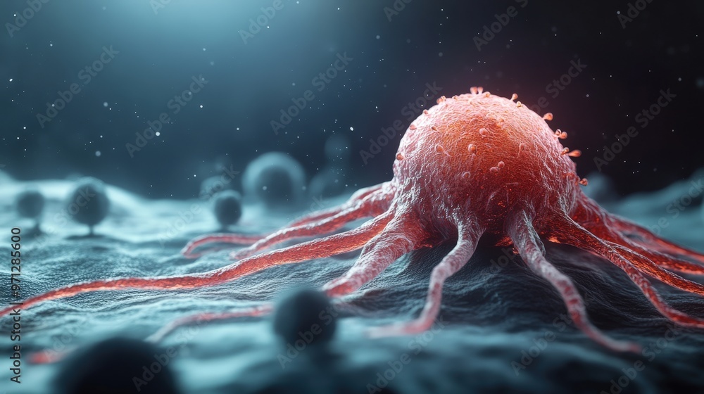 Poster detailed 3d rendering of cancer cell showing pathological features with educational annotations on c