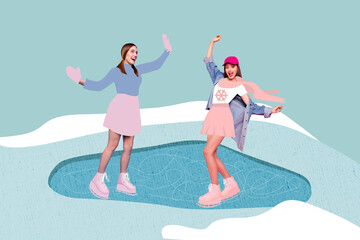 Composite photo collage of two happy girls skate snow ice figure skating winter park puddle fun...