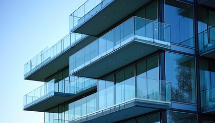 Fototapeta premium Close-Up of Frameless Glass Balustrades on Office Building