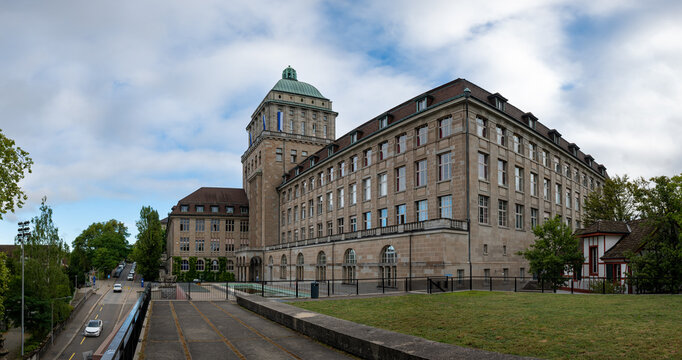 06-09-2024 Zurich, Switzerland. University of Zurich or UZH exterior building facade. Early summer morning, wide angle view