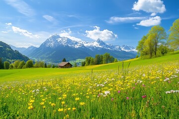 Idyllic mountain scenery in the Alps with blooming meadows in springtime 