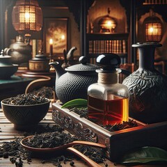 Black tea leaves with a bottle of extract in a traditional tea room with a refined ambiance