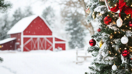 Christmas scene with snowy landscape, decorated tree and red barn background, copy space for text