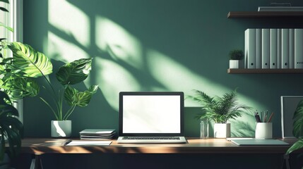 Fototapeta premium Cozy home Office Concept Showcasing Minimalist Style: A work Desk with computer, Documents, green plants and Well-Lit Interior. graphic Resources, Illustration, 