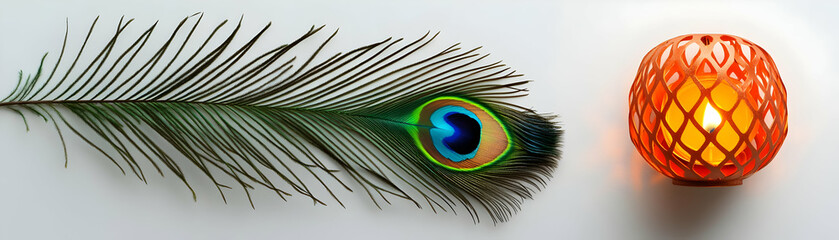Obraz premium Elegant Diwali Lantern and Floating Peacock Feather with Radiant Highlights Isolated on White Background - A Beautiful Cultural Element for Photo Stock