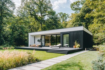 An ultramodern, luxury house with a green lawn and trees on the front porch.
