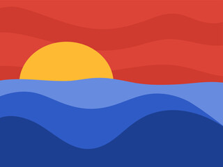 Sea, waves and sun on red sky. Sunset, sunrise. Vector illustration