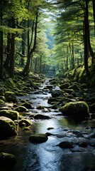 A tranquil stream flows through a lush forest.