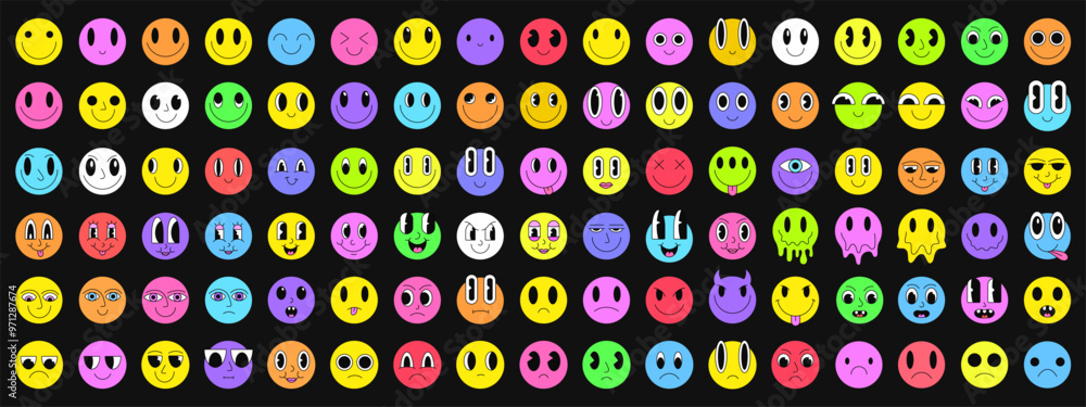 Poster set of linear emoji faces icons. comic emoticons signs vector design. collection of funny characters