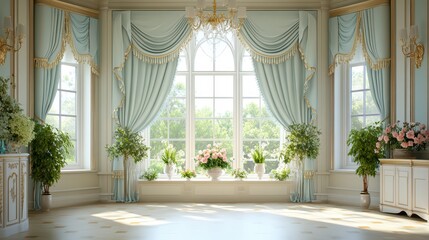 Elegant interior featuring large windows, draped curtains, and beautiful floral arrangements in a luxurious setting.