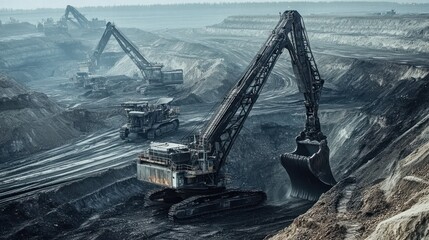 A large excavator is working with other heavy machinery on a large construction site.