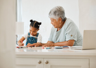 Girl, writing and grandmother for homework, help and study in house with book, education and school...
