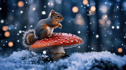 Fototapeta premium A squirrel sitting on top of a mushroom in the snow
