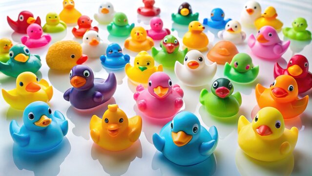 Collection of Colorful Rubber Ducks on White Background