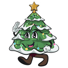 Vector funny cartoon mascot Christmas tree walking while greeting and waving, work of hand drawn