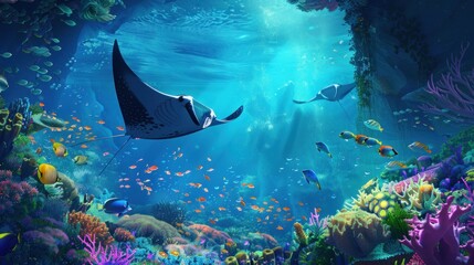 Underwater Paradise with Manta Rays and Colorful Corals