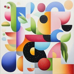 Abstract Geometric Composition with Colorful Shapes and Leaves