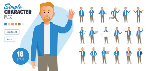 Simple flat male vector character in a set of multiple poses. Easy to edit and isolated on a white background. Modern trendy style character mega pack with lots of poses.	