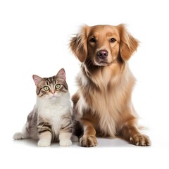 Obraz premium cat and dog sitting together isolated on white