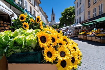 A market day in Place du Forum, with bustling stalls offering fresh produce, flowers, and artisanal goods