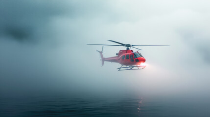 Rescue in the Fog: Red Helicopter Overlooking Tranquil Sea Surface