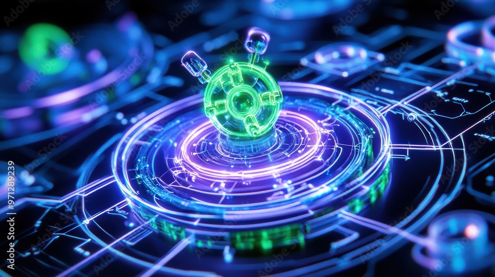 Aufkleber futuristic abstract technology visualization featuring glowing circuits and a central element in vib