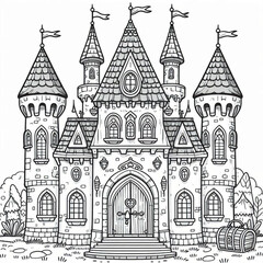 Fototapeta premium Intricate Fairytale Castle Illustration Perfect for Coloring Book Pages Design