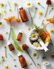 Holy Grail of white porcelain mortar with white pistil, pestle, inside the grail flowers leaves Arnica montana and chamomile, next to amber glass bottles and flowers. Homeopathic Remedies