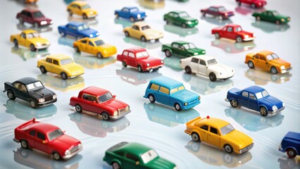 Colorful Toy Cars Displayed on Reflective Surface