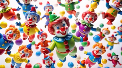 Obraz premium Cheerful Toy Clowns with Colorful Balls on White Background