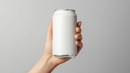 A hand holding a blank white can mockup