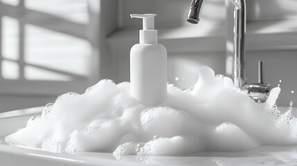 White pump bottle sitting on a bed of white foam in a bathroom sink.